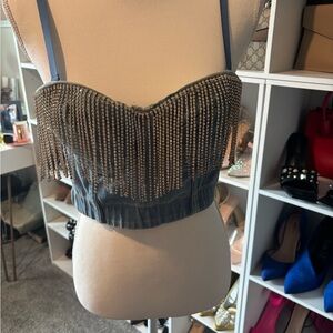 Fringe Embellished Denim Bustier Top